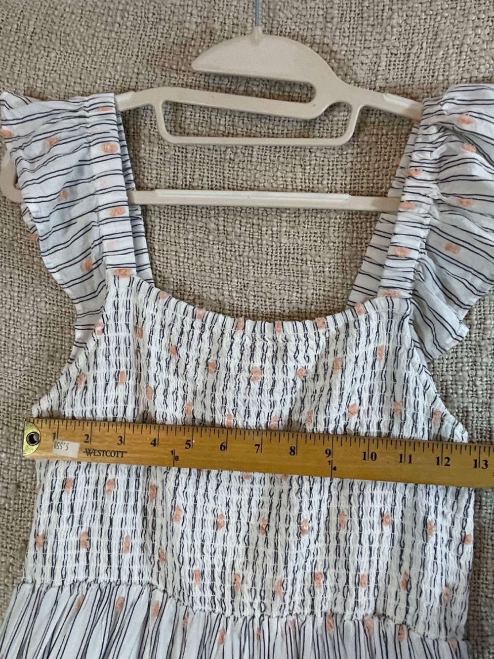 LOFT Striped Peach Clip Dot Smocked Tiered Midi Dress with Pockets Size S - Picture 12 of 15